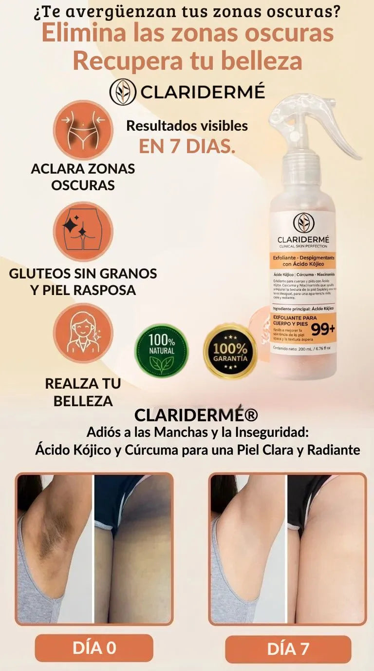 CLARIDERME  EXFOLIANTE - ELIMINA ZONAS NEGRAS EN 7 DÍAS.